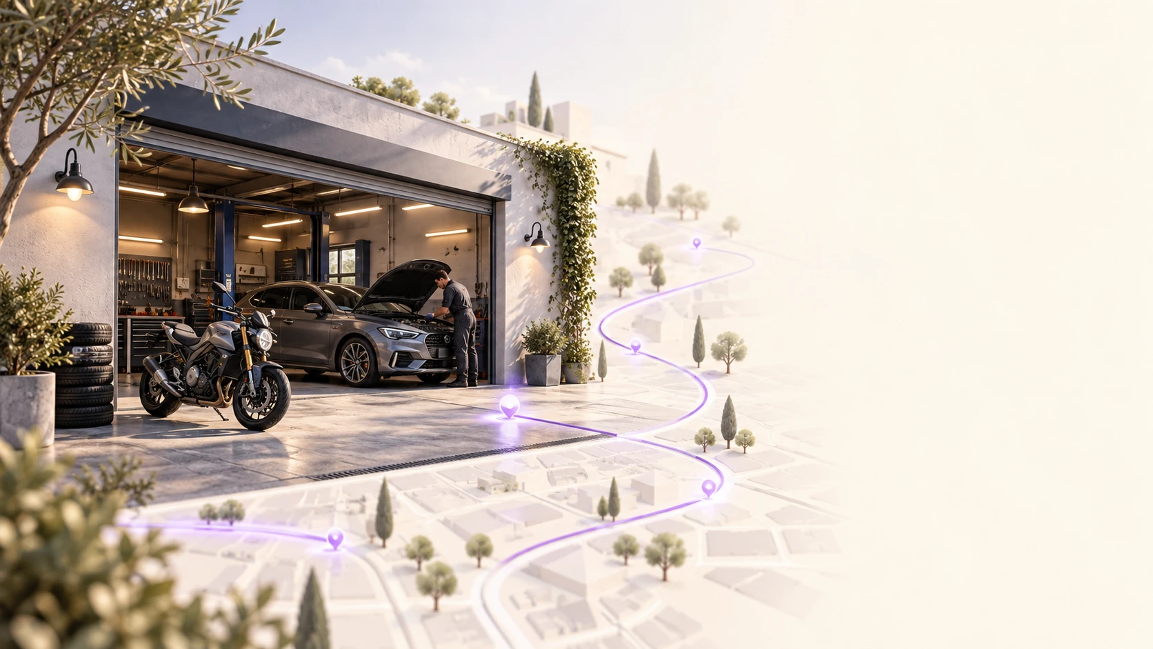 Illustration conceptuelle d’un atelier auto-moto avec un itinéraire lumineux dans un quartier stylisé.