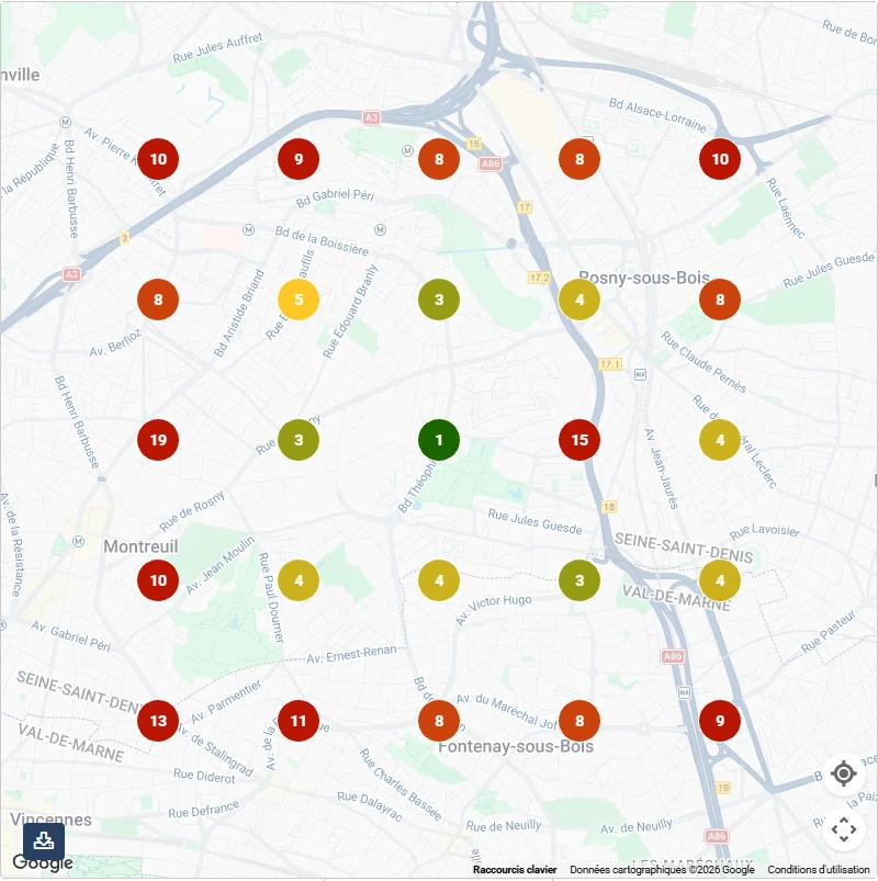 Grille anonymisée de 25 recherches locales Google Maps autour d’un garage à Montreuil.